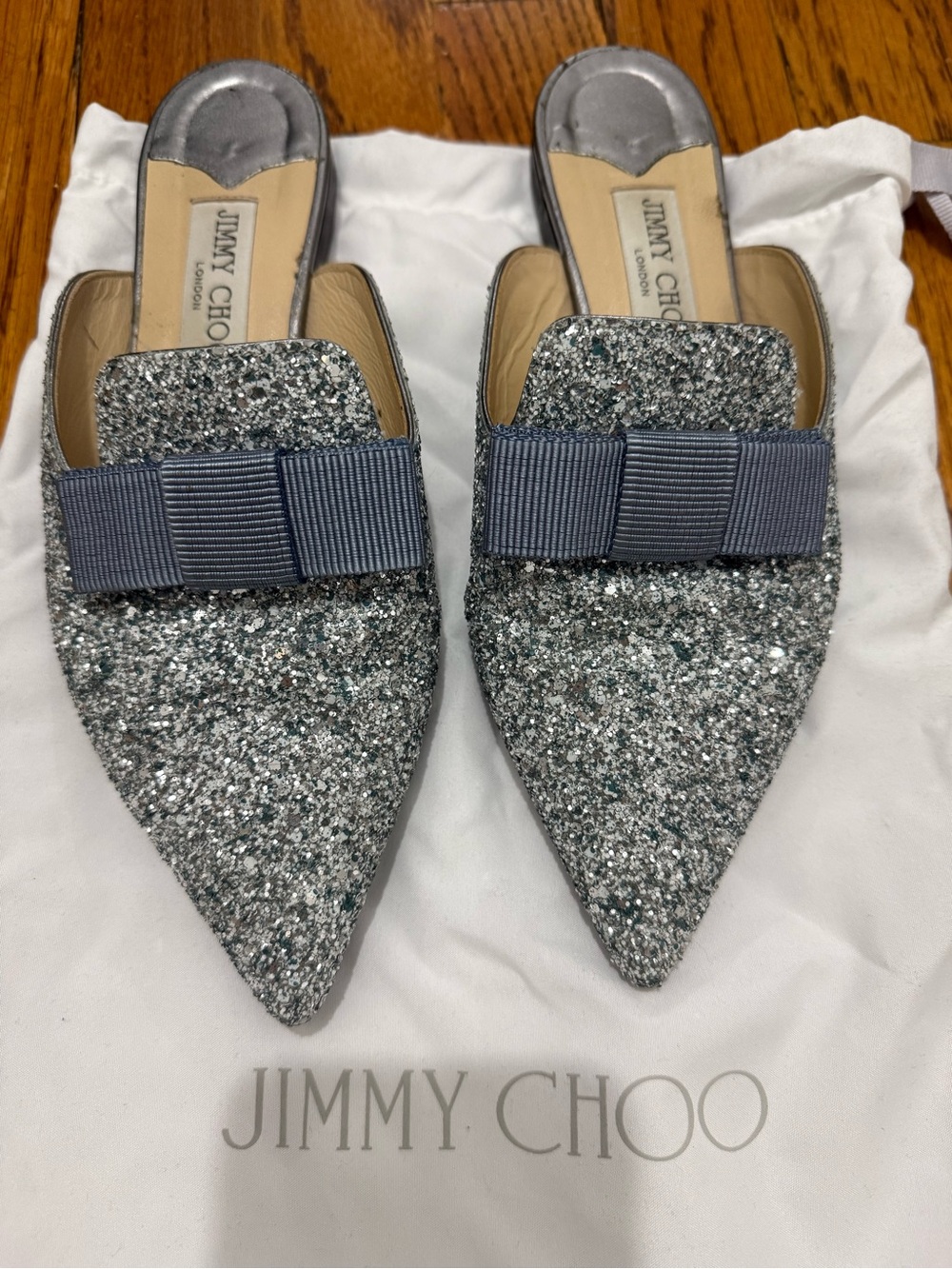 Jimmy Choo Silver Glitter Pointed Mule with Grosgrain Bow Accent